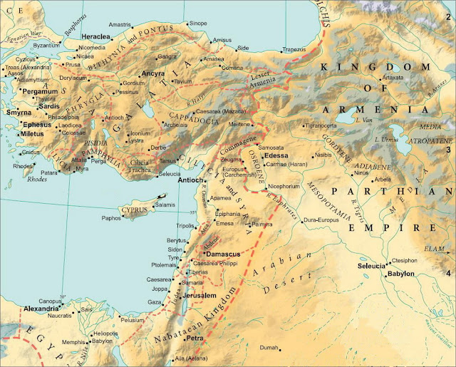 Граница между Римской империей и Парфией в начале I века н.э. Источник: Curtis, A. Oxford Bible Atlas / А. Curtis. —  Oxford: University Press, 2007. — Р. 159