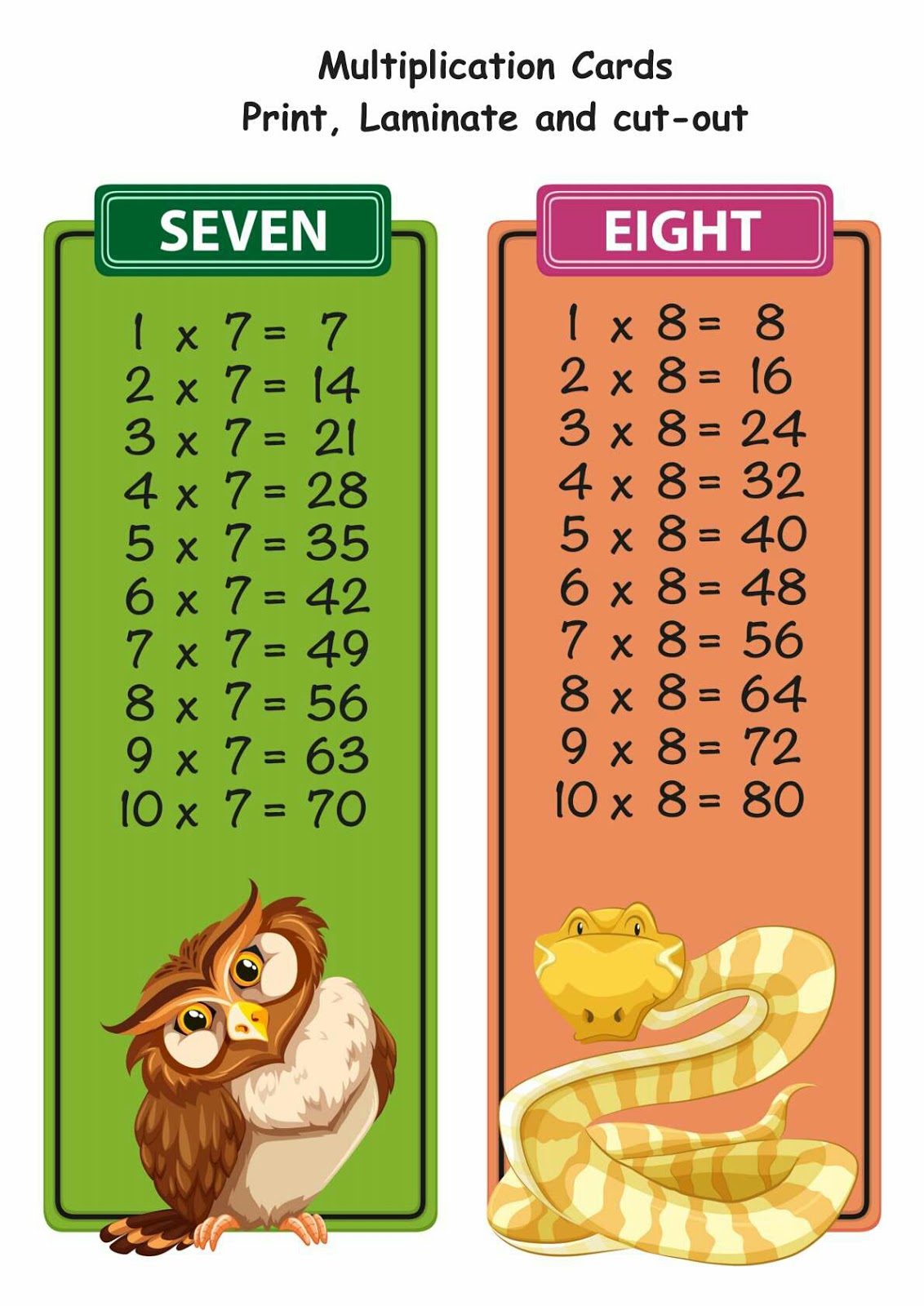 Inglês tabuada de multiplicar Cards coloridos e ilustrados com a