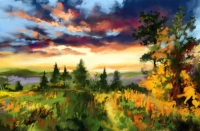 Autumnal sunset digital landscape painting by Mikko Tyllinen