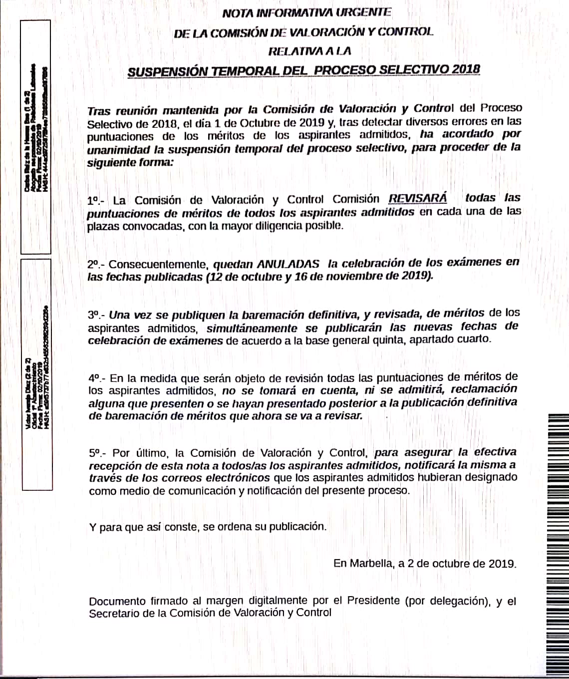 Mesa Única Acosol, S.A. Suspensión temporal del proceso selectivo
