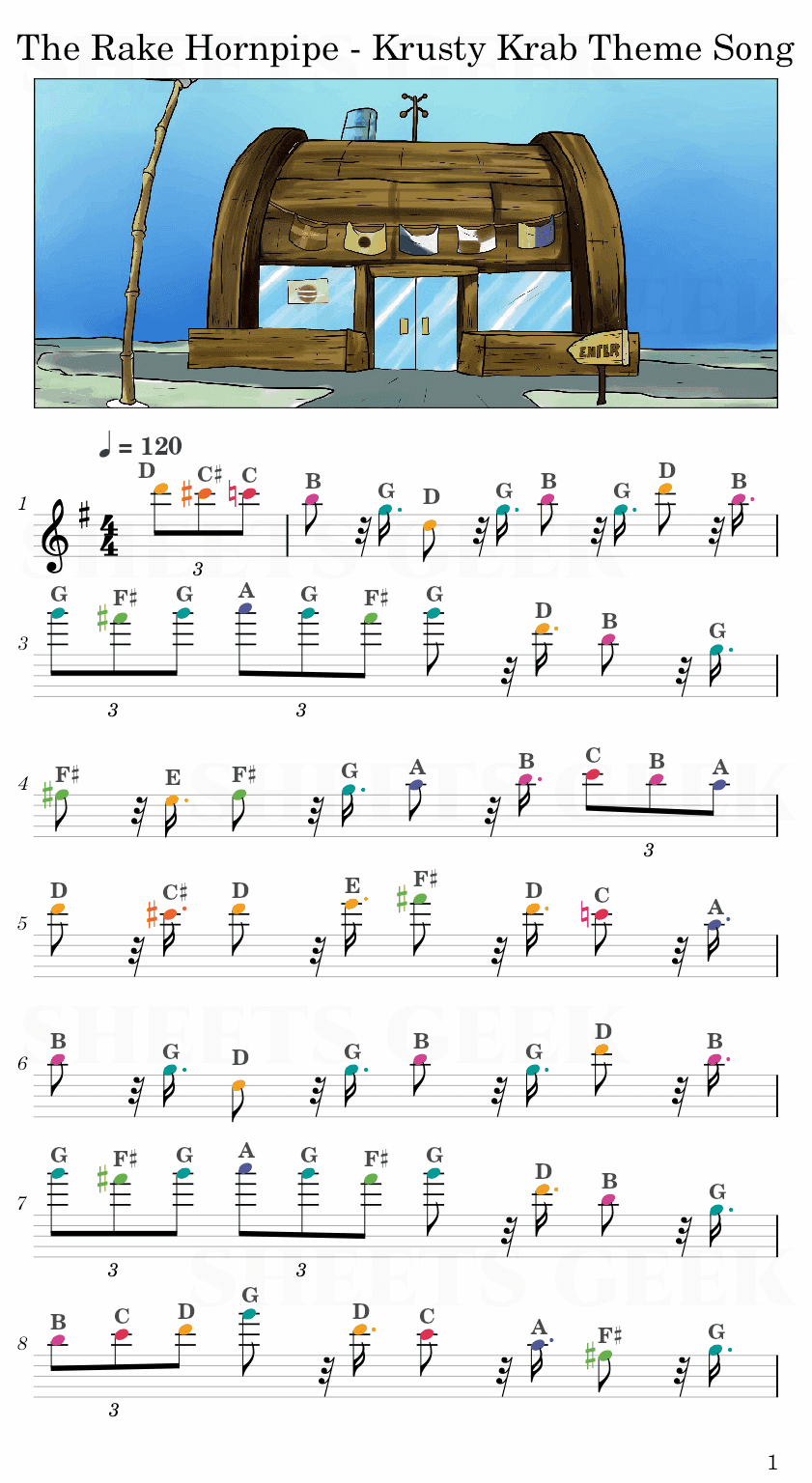 The Rake Hornpipe - Krusty Krab Theme Song Easy Sheets Music Free for piano, keyboard, flute, violin, sax, celllo 1
