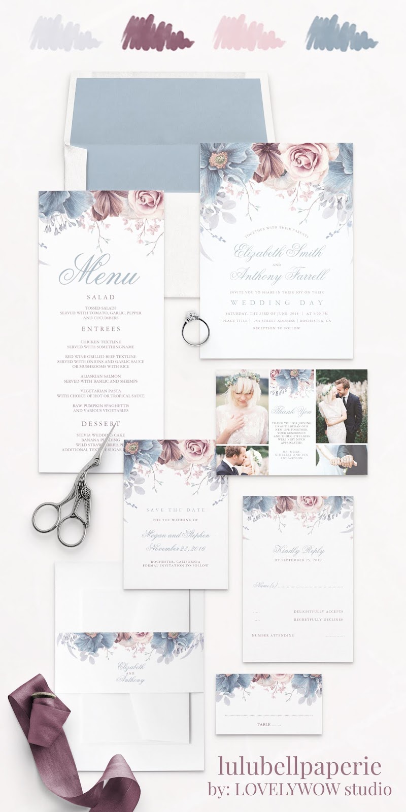 Dusty Blue Mauve and Blush Pink Vintage Floral Wedding Invitation Suite