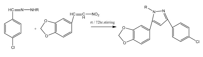 عند مفاعلة مركبات نیتروأولفين مع الهيدرازونات تعطي حلقة البيرازول الخماسية
