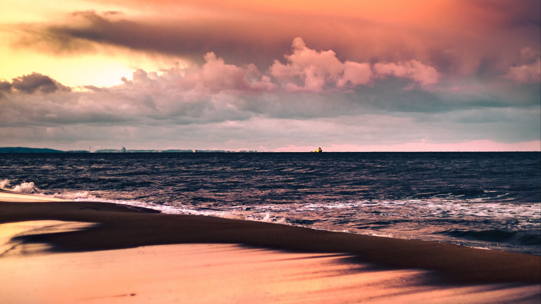 Sea, Beach, Sunset, Clouds, Sand HD Wallpaper