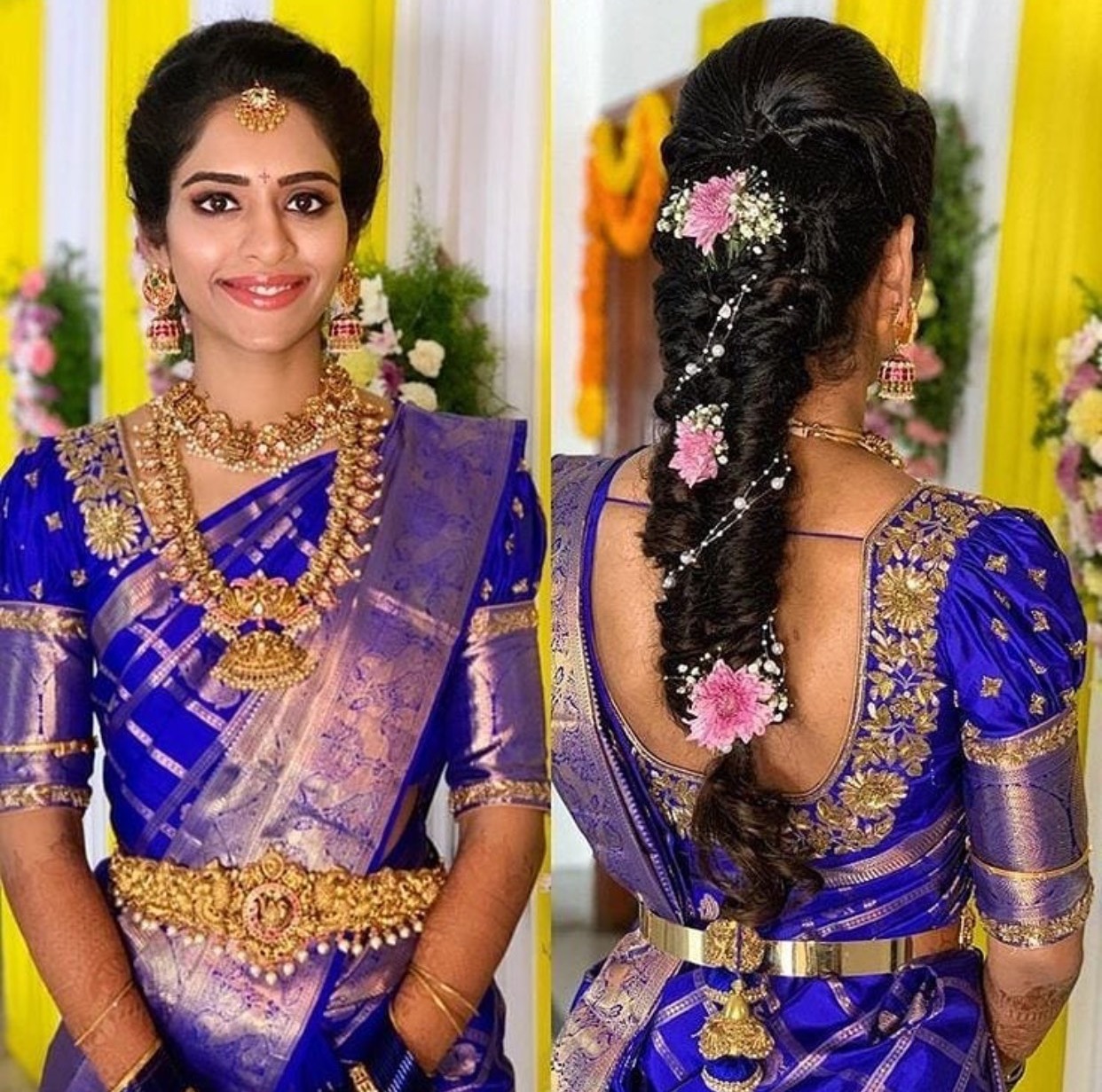 Bride in Nakshi Long Chain Vaddanam Jewellery Designs