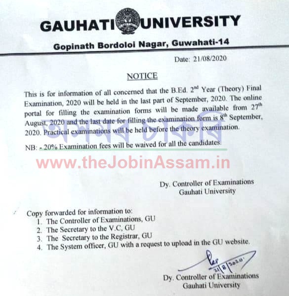 GU B.Ed. 2nd Year Examination Notice 2020