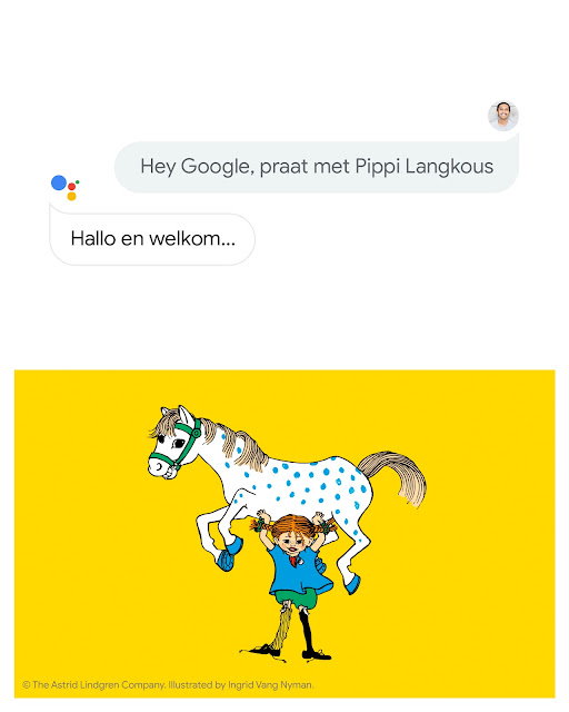 Gebruiker vraagt ​​Google Assistent om met Pippi Langkous te praten en een illustratie van Pippi onder de chat.