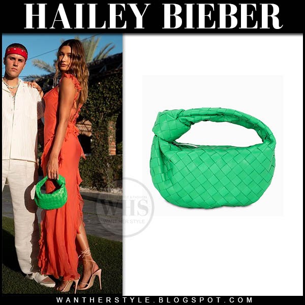 Hailey Bieber with green leather bag in orange dress on July 17 ~ I want  her style - What celebrities wore and where to buy it. Celebrity Style