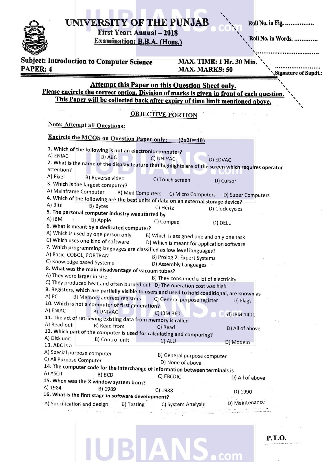 Introduction To Computer Science BBA(Hons) 1st Year Punjab University