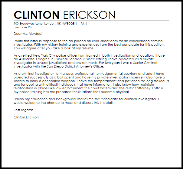 Supervisory Criminal Investigator Cover Letter Resume Letter
