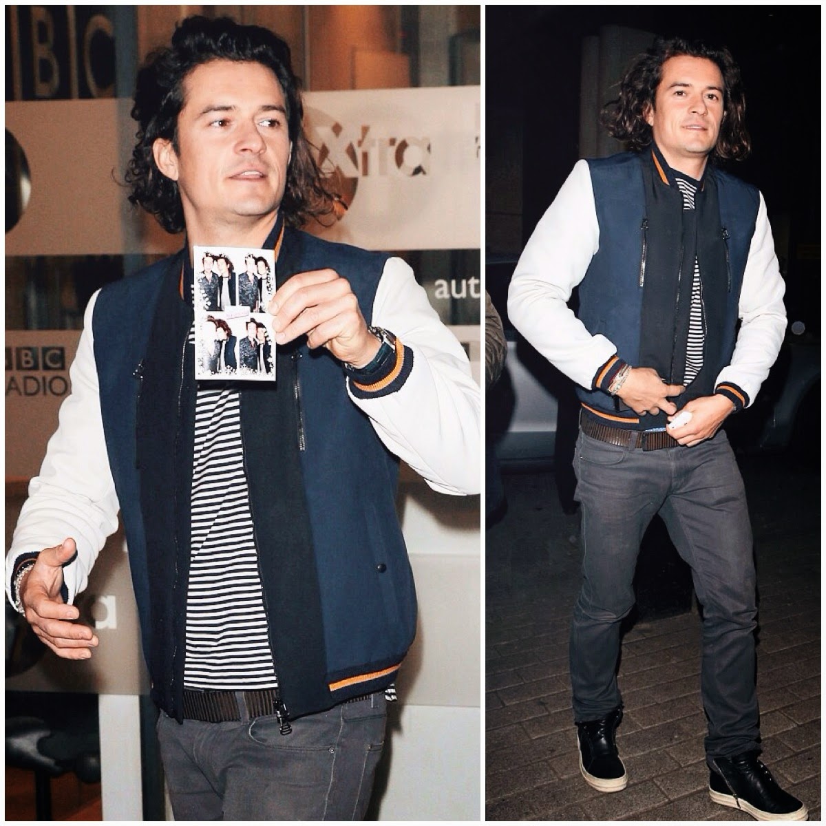Orlando Bloom wears Lanvin Contrast Panel Varsity Jacket at BBC Radio One Show with Nick Grimshaw 4th December 2014