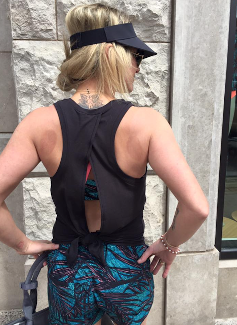 lululemon blue tropical print shorts, open back tank top