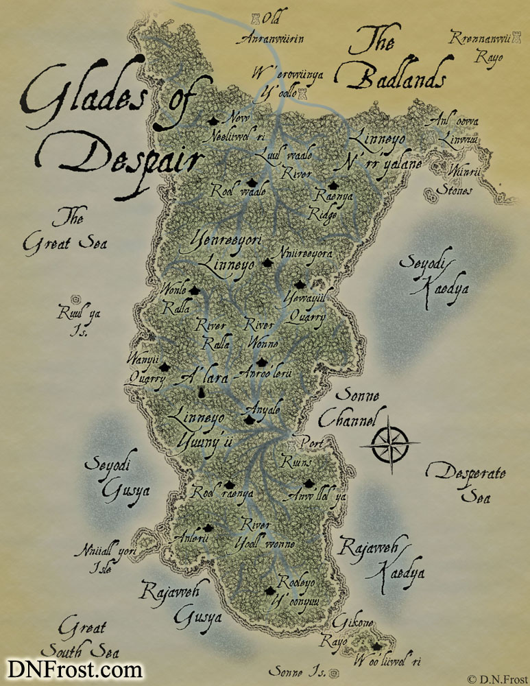 The Glades of Despair: seething jungle of magic and nymphs www.DNFrost.com/maps #TotKW A map for Awakening by D.N.Frost @DNFrost13 Part 17 of a series.