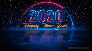 Blue Red Happy New Year 2020 Greeting Neon Light With Shadow Reflection On Blue Light Water Surface Against Dark Starry Sky