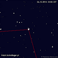 Animacja nr 2. Ruch i pozycja komety 46P/Wirtanen w grudniu 2018 roku - widok szczegółowy zawężony do 10 stopni (około 2 pola widzenia lornetki 10x50) z zaznaczonymi gwiazdami tła do +8 mag.