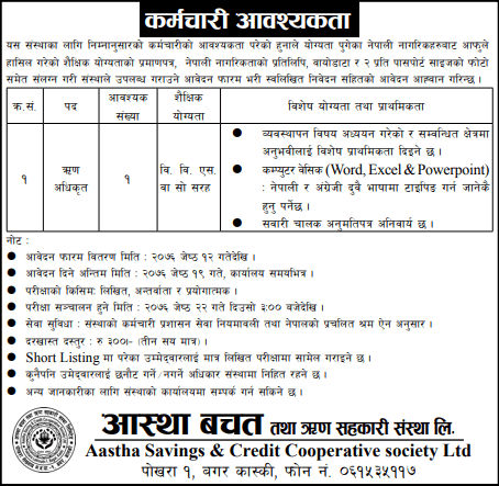 Vacancy at Aastha Savings & Credit Cooperative Society Ltd.