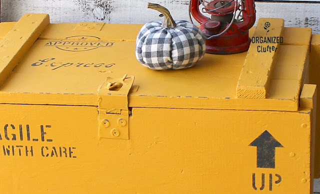 A Colonel Mustard Shipping Crate Table with Old Sign Stencils #oldsignstencils #stencil #repurpose #shippingcrate #crate #garagesalefind #colonelmustard #upcycle
