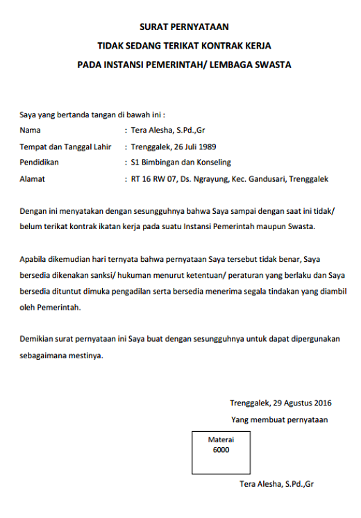 Surat Pernyataan Tidak Sedang Terikat Kontrak Kerja Word