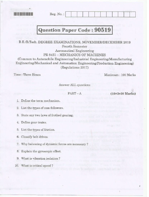 Anna University PR 8451 MECHANICS OF MACHINES November/December2019 Question Paper