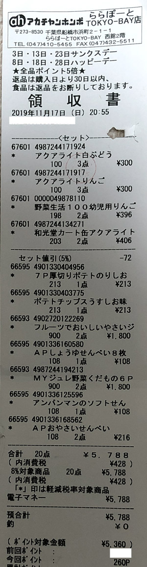 アカチャンホンポ ららぽーとTOKYO-BAY店 2019/11/17 のレシート