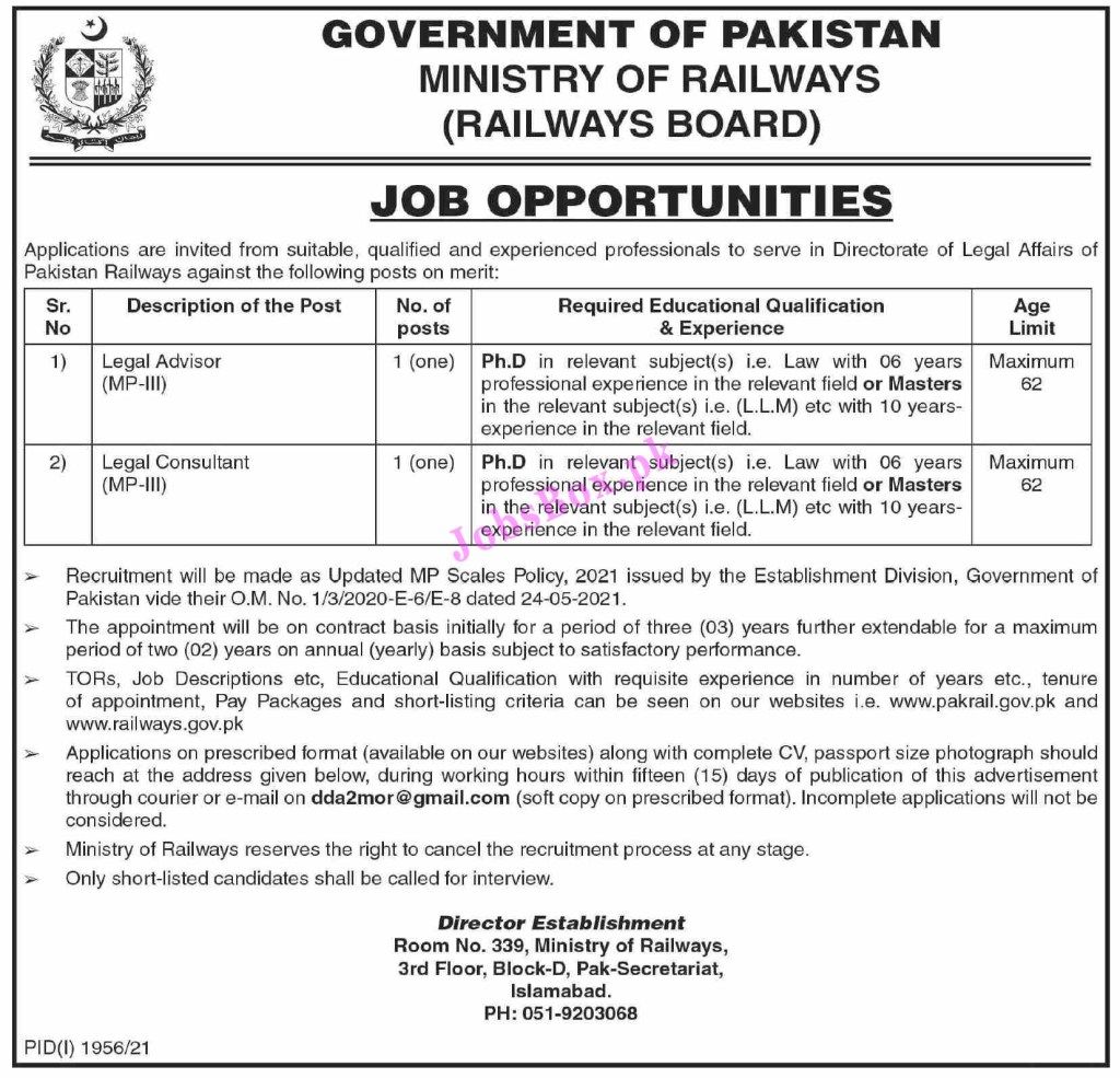 Ministry of Railways Jobs 2021 – Download Application Form