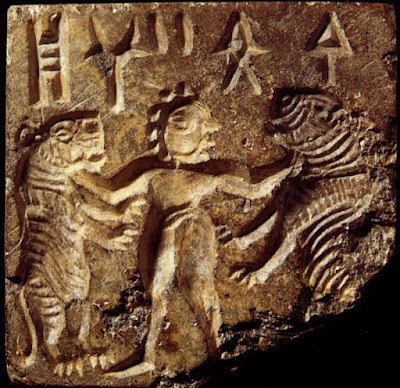 Mohenjo-Daro seal depicting a man grappling with two tigers