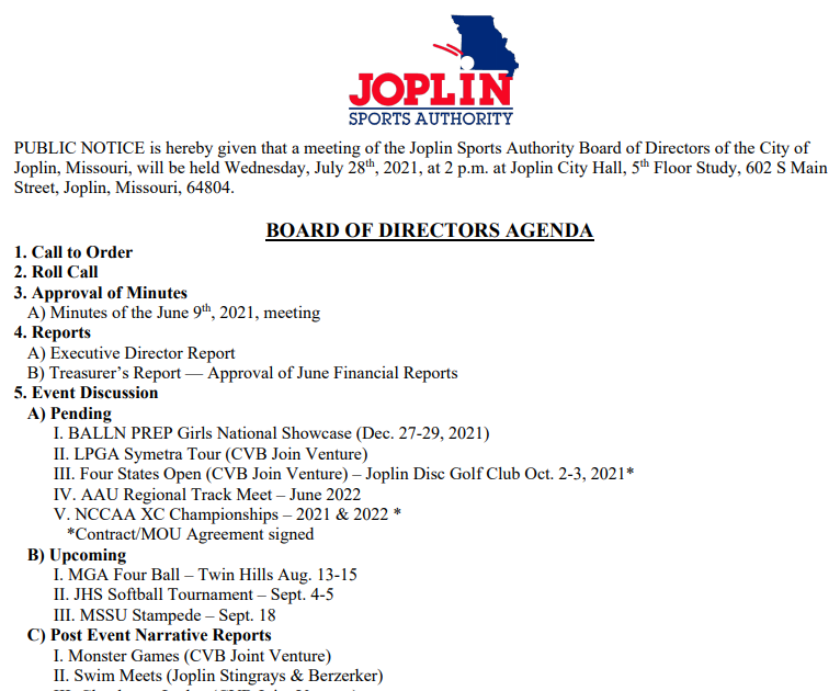 Inside Joplin Agenda posted for Joplin Sports Authority Board meeting