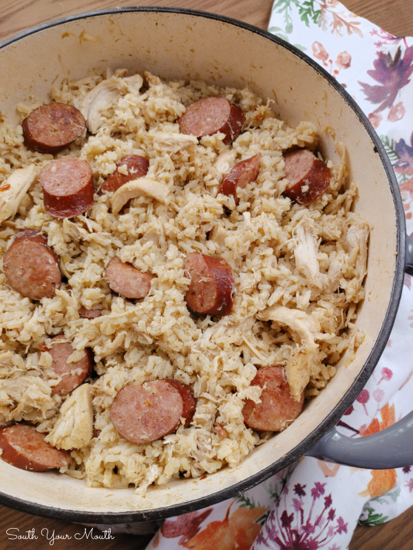 Carolina Chicken Bog! A one-pot recipe of rice, chicken and smoked sausage cooked in a flavorful stock made from slow-cooked chicken. Includes bonus instructions for making a BIG BATCH with 6 cups of rice.