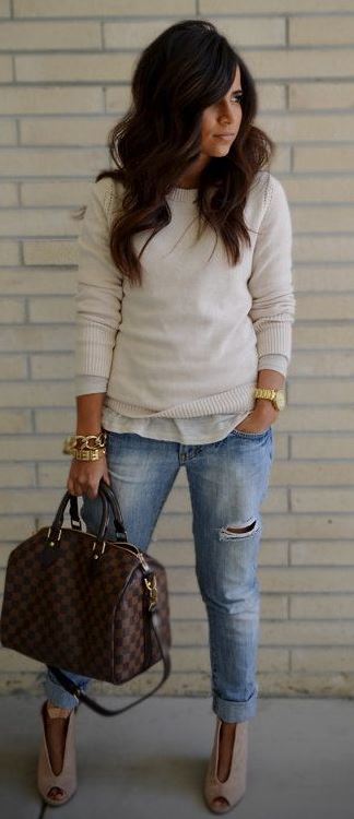 what to wear with boyfriend jeans : sweater + top + bag + heels