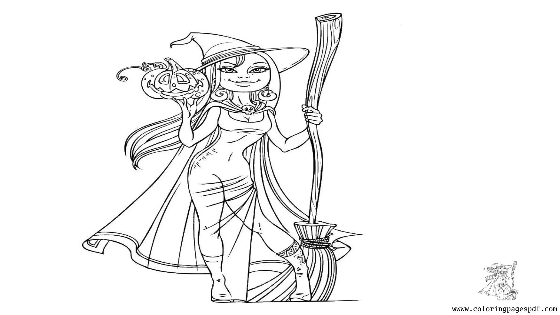 Coloring Page Of A Witch Holding A Broom