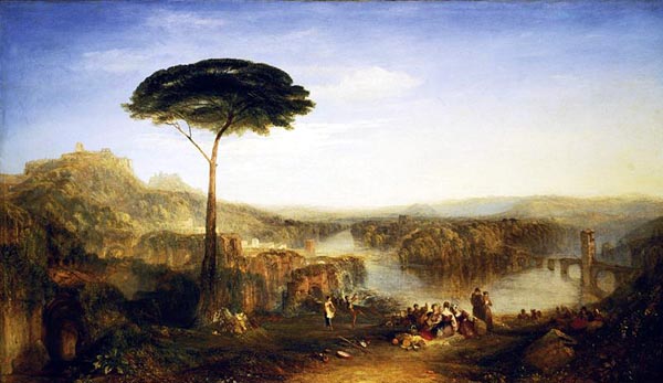 oil painting of a panoramic landscape with people picnicking by a river bend, with an ancient castle in the distance on a hill to the left, and a ruined bridge across the river to the right