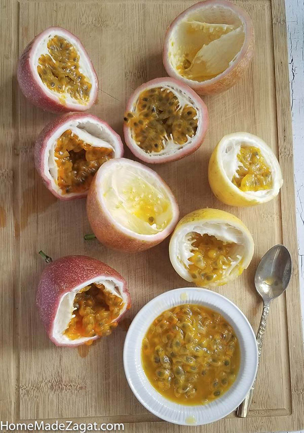 Passion fruit cut opened to remove the pulp to make juice.