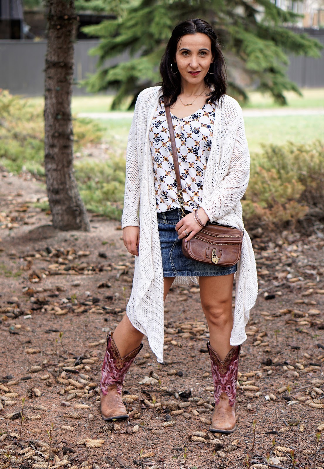 jean skirt with cowgirl boots