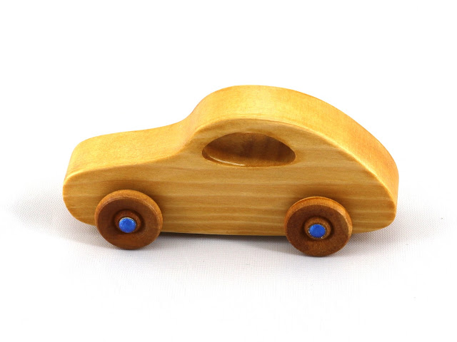 Handmade Wooden Toy Car Classic 1957 Bug Play Pal Amber and Metallic Blue Hubs