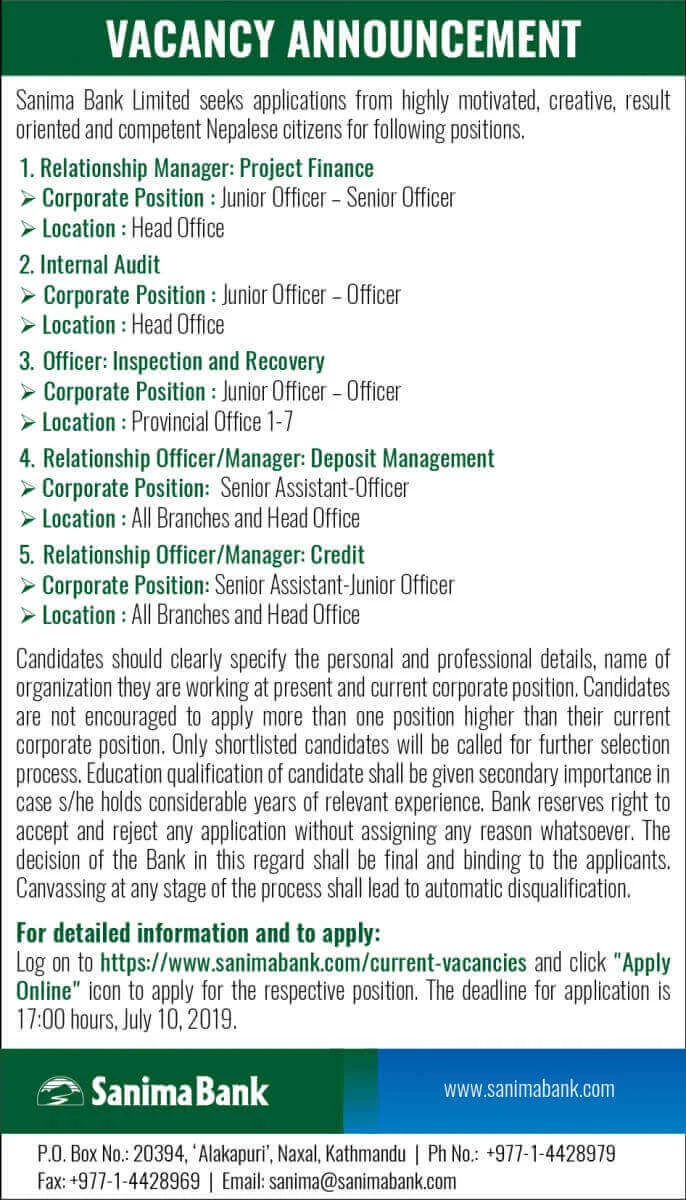 Vacancy Announcement from Sanima Bank Ltd. for Various Positions