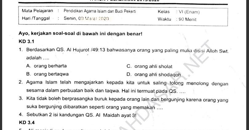 Soal Penilaian Akhir Tahun Mata Pelajaran Pai Bp Kelas 6 K 13 Sekolahdasar Net