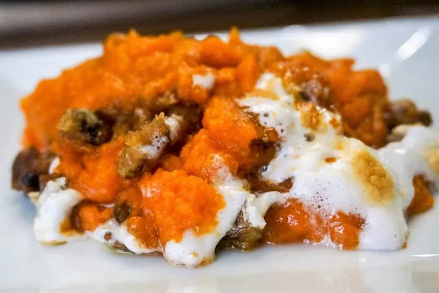 Sweet Potato Casserole With Pecan Topping And Marshmallows