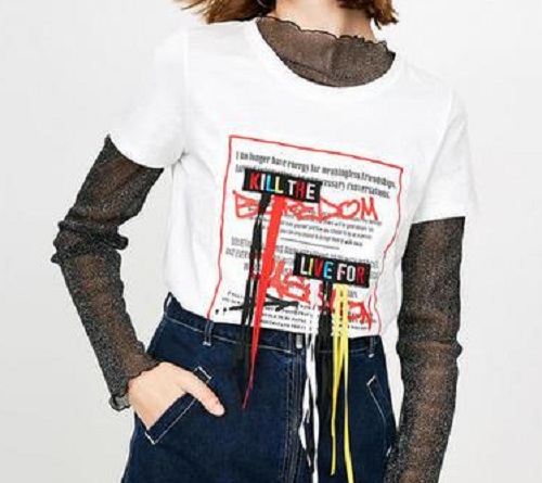 Áo thun cotton ngắn tay thiết kế dây tua rua lạ mắt ONLY 5 Áo thun cotton ngắn tay thiết kế dây tua rua lạ mắt ONLY