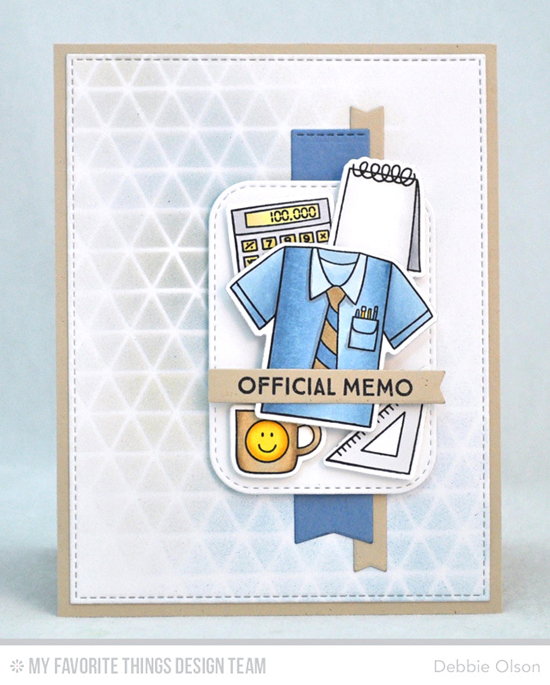 Handmade card from Debbie Olson featuring Get Down to Business stamp set and Die-namics, Inside & Out Stitched Rounded Rectangle, Blueprints 13, and Blueprints 27 Die-namics, Geometric Grid stencil #mftstamps