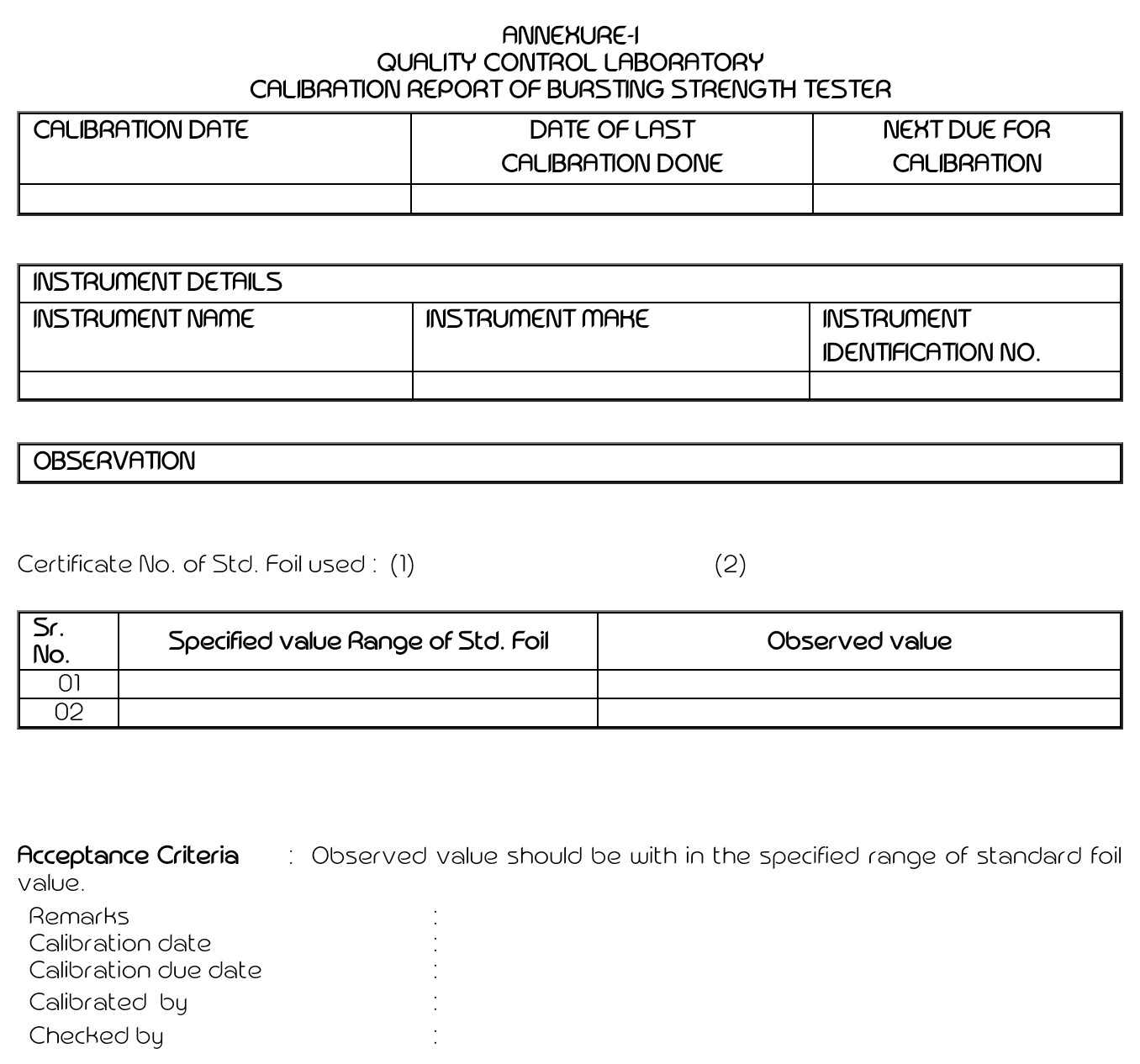 SOP for Calibration of Bursting Strength Tester