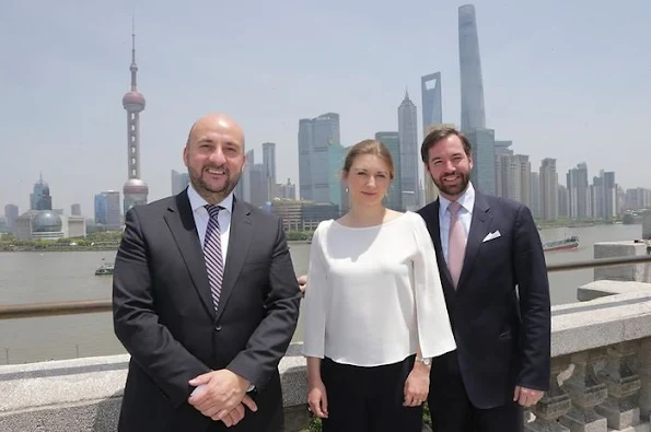 Hereditary Grand Duke Guillaume and Hereditary Grand Duchess Stephanie of Luxembourg visit China, Beijing, Hong Kong, Shanghai. Style of Princess Stephanie