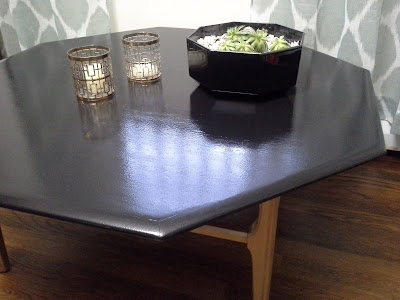 Mid Century Modern Octagonal Coffee Table Gloss Black and Brass Gold