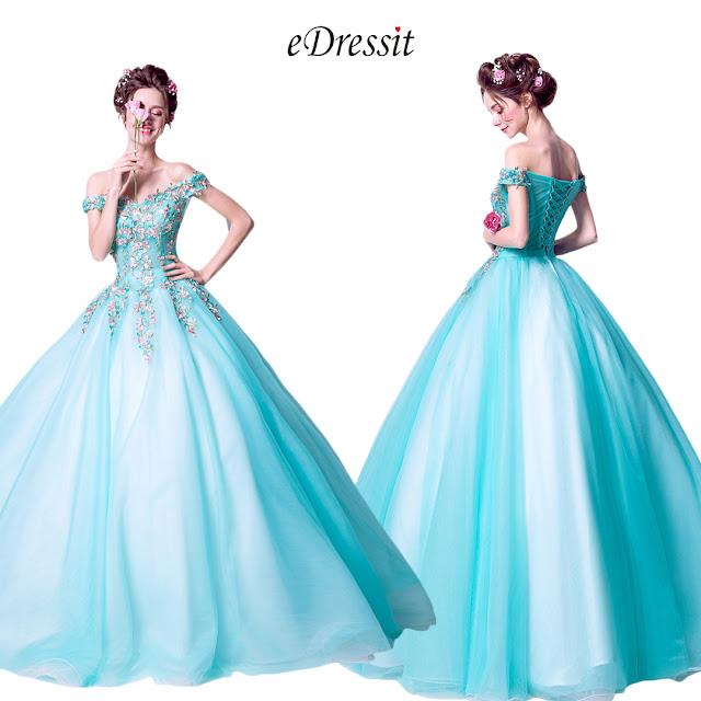 Water-Green Off Shoulder Embroidery Party Prom Ball Gown