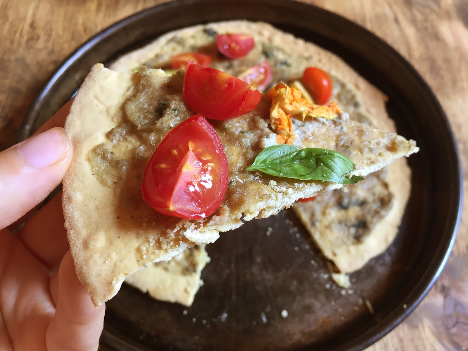 Inglourious Bananas Chickpea Pizza with Zucchini Blossoms and Cherry Tomatoes // Pizza di ceci