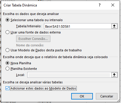 Figura 2: Tela de criação de tabela dinâmica.