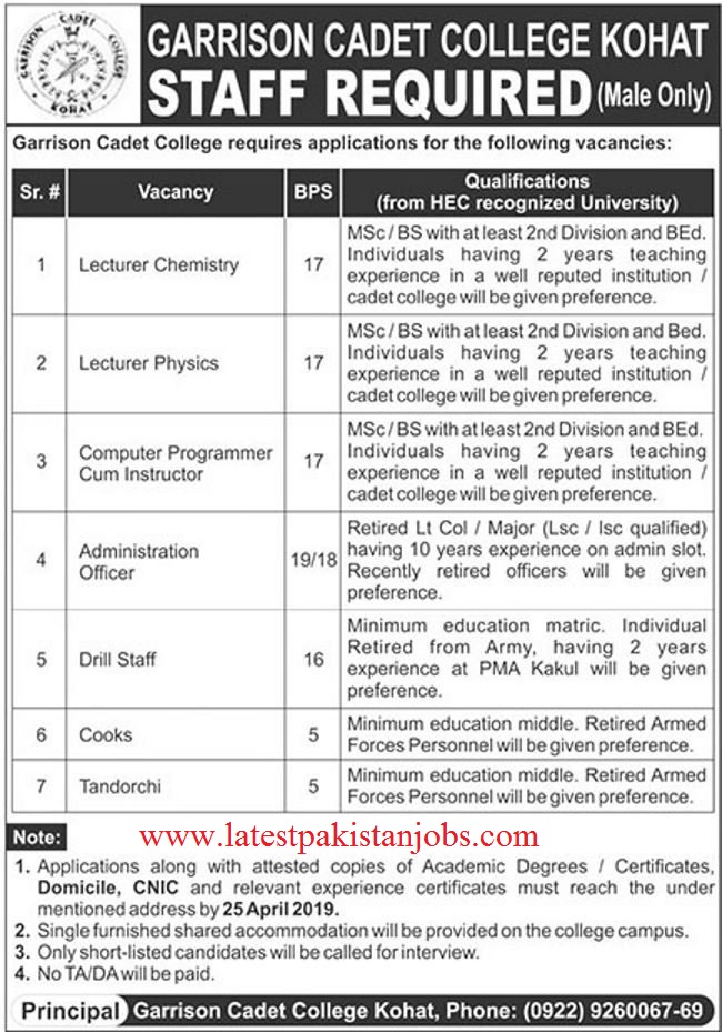 Garrison Cadet College Kohat The Latest Pakistan Jobs 2019 For Lecturer Chemistry/Lecturer Physics/Admin And More Garrison Cadet College Kohat The Latest Pakistan Jobs 2019 For Lecturer Chemistry/Lecturer Physics/Admin And More