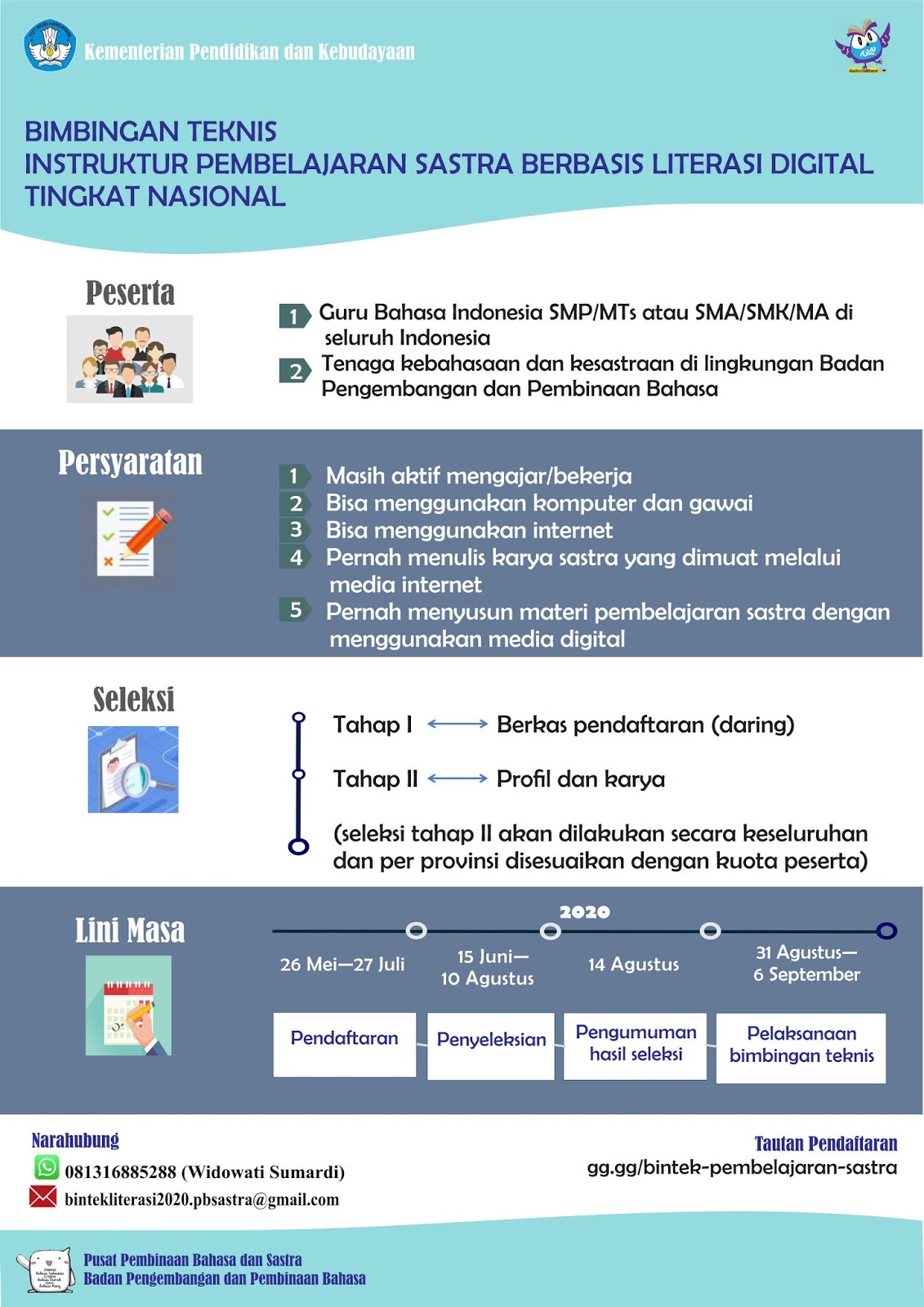 Instruktur Pembelajaran Sastra Berbasis Literasi Digital Tahun PENDAFTARAN BIMTEK INSTRUKTUR PEMBELAJARAN SASTRA BERBASIS LITERASI DIGITAL TAHUN 2020