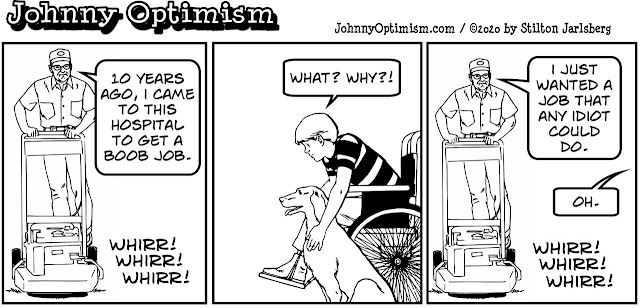 johnny optimism, medical, humor, sick, jokes, boy, wheelchair, doctors, hospital, stilton jarlsberg, floor guy, waxer, custodian, boob job, buffer