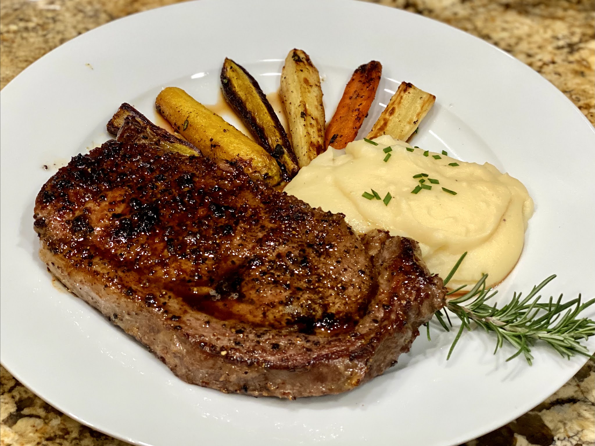 GREAT EATS HAWAII RIB EYE STEAK WITH HONEY GLAZED CARROTS