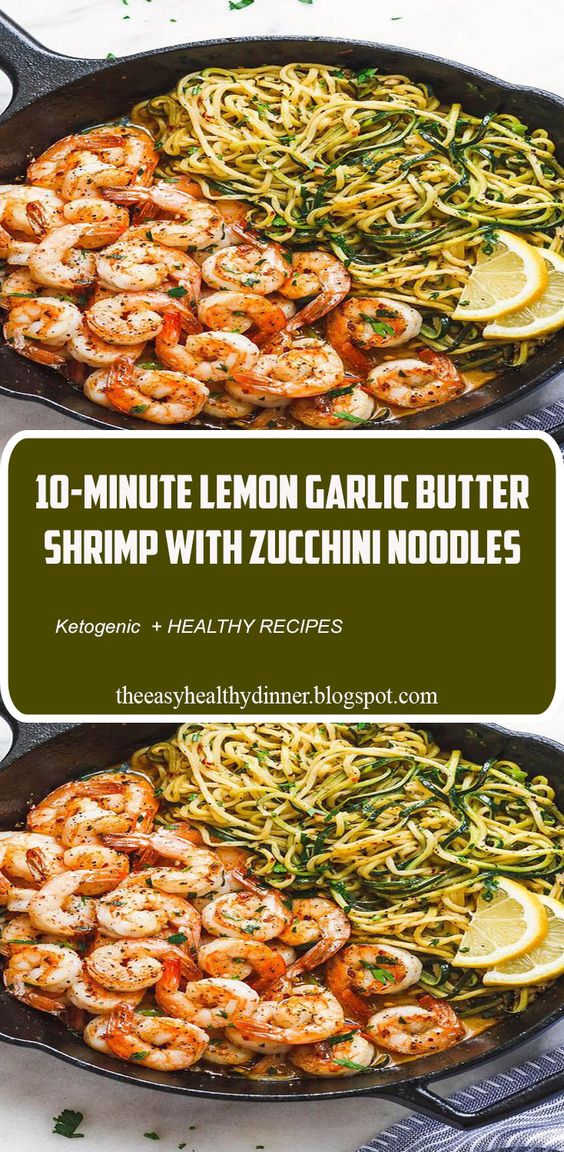 10-Minute Lemon Garlic Butter Shrimp with Zucchini Noodles - This fantastic meal cooks in one skillet in just 10 minutes. Low carb, paleo, keto, and gluten free.